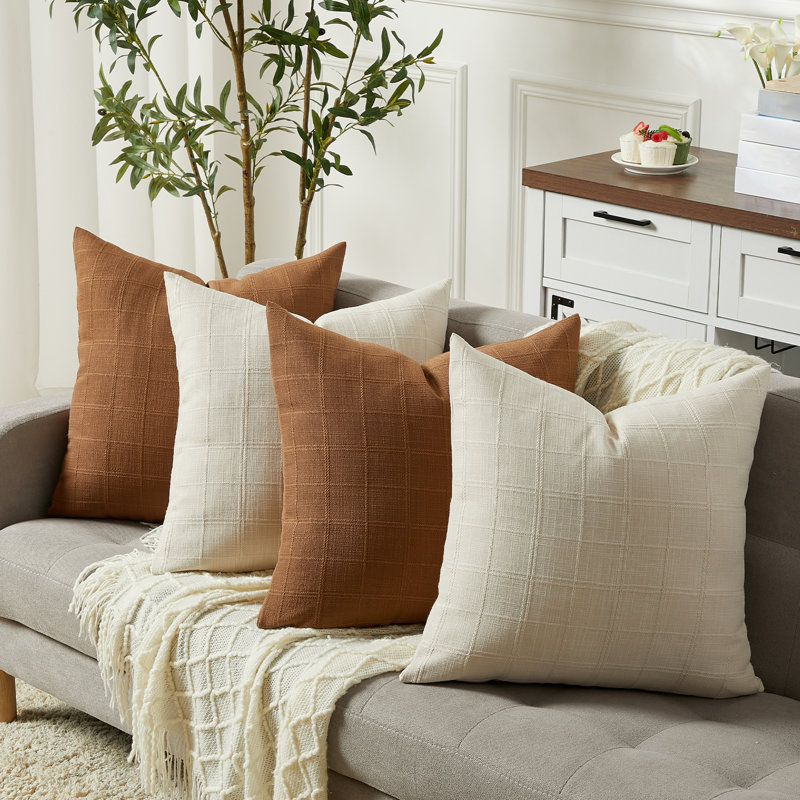 4-Pack 20x20 Inch Chenille Pillow Covers – Soft Plaid & Solid Decorative Cushion Covers with Hidden Zipper, Machine Washable for Modern Farmhouse & Boho Décor – 2 Beige / 2 Orange