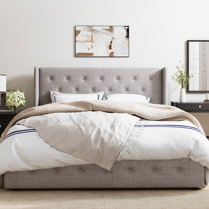 Albertien Lift Up Wingback Upholstered Platform Bed, Full, Greige