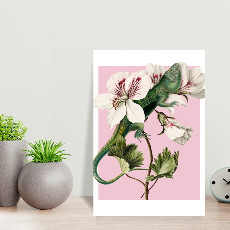 Green Lizard Pink Bloom Delicate Vibrant Abstract Lizard Flower Nature Wall Art Print by Marja Van Den - Wrapped Canvas Print