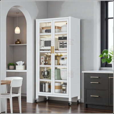 65 Inch Kitchen Pantry Storage Cabinet with Transparent Doors, Adjustable Shelves, and Wheels for Easy Mobility and Organization