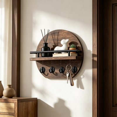 Wall-Mounted Key Holder with Shelf and Hooks, Rustic Wooden Key Hanger for Home Organization and Decoration