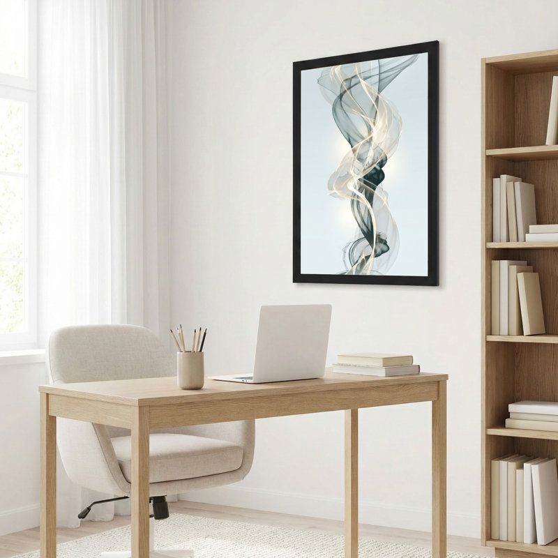 Toile noire encadrée en bois noir pour salon, chambre à coucher, bureau ou vestibule - décoration murale décorative avec fumée abstraite