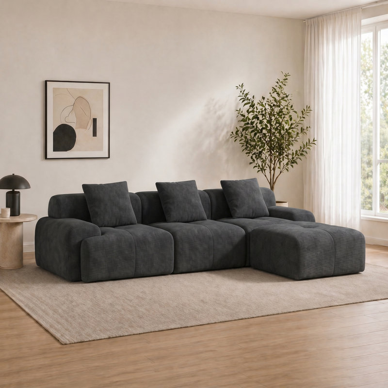 Canapé modulaire moderne en forme de L sans os avec repose-pieds mobile et coussins décoratifs, aucun assemblage requis