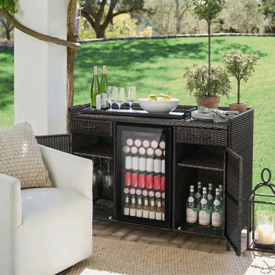 Havessa Outdoor Modern Coastal Weather-Resistant Faux Wicker Storage Bar Cabinet with Mini Fridge Space, Glass Top, Adjustable Shelves & Drawers
