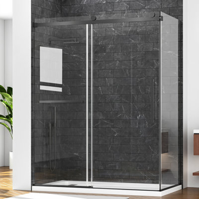 Porte de douche coulissante sans cadre en verre, 122 cm (L) x 81 cm (P) x 193 cm (H), porte d'angle en forme de L, verre trempé SGCC 3/8 po et 5/16 po, double revêtement nano, acier inoxydable, étanche, noir