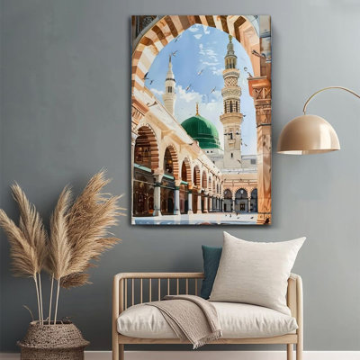 1 dôme d'art mural sur toile 24 x 36 pouces, dôme de la mosquée, dôme vert et minaret, décoration murale de style architectural architectural