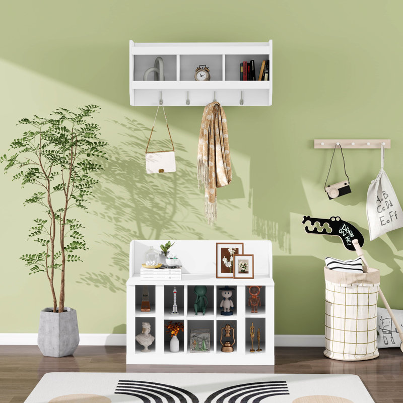 Hall Tree With Bench, Modern Hall Tree Entryway Furniture With Shelves And 4 Hook, Shoe And Coat Rack Set For Entryway, White