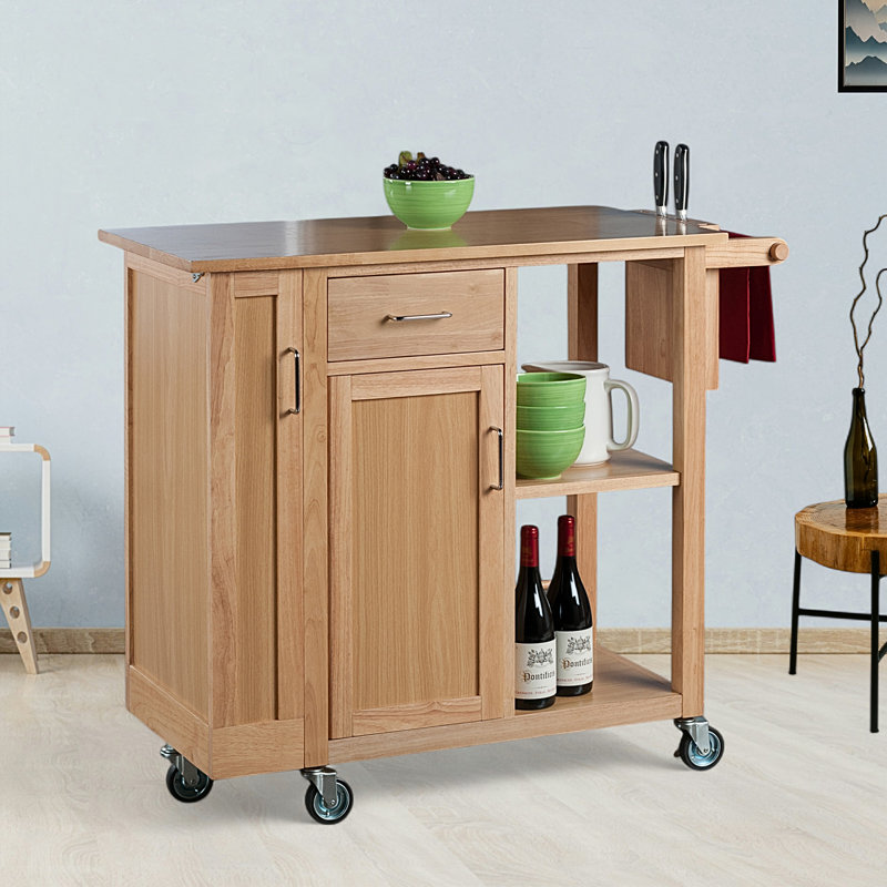 Natural Wood Kitchen Cart with Wine Rack and Storage