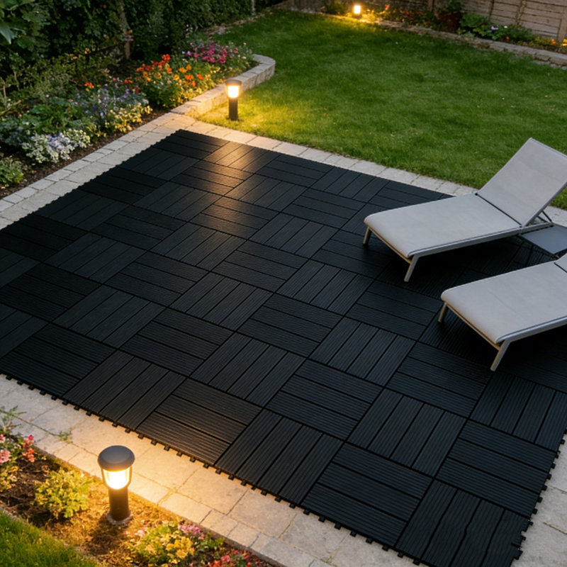 12 tuiles de plancher en bois 12 po x 12 po en plastique-plastique à 4 lattes pour terrasse, balcon, porche, cour, 11 pièces