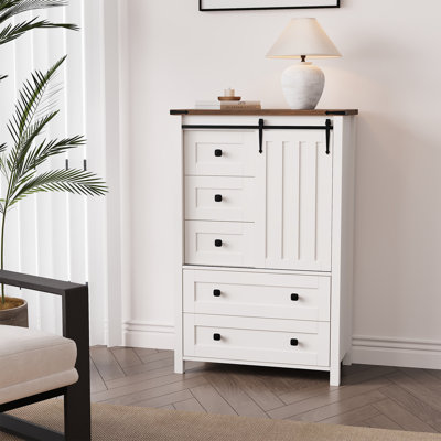 Commode à 5 tiroirs Farmhouse avec porte de grange coulissante, armoire de rangement haute en bois avec tablette réglable