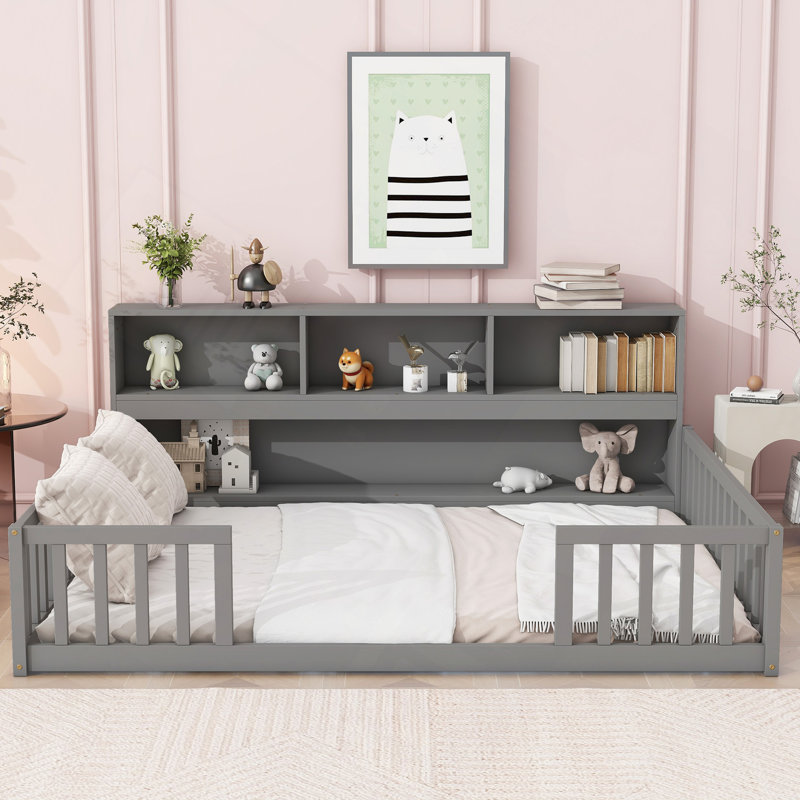 Wooden Floor Bed with Side Bookcase, Shelves, and Guardrails for Kids, Gray, Full