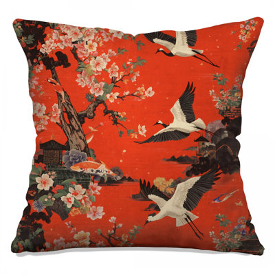 Cranes Cherry Blossoms Double Sided Throw Pillows