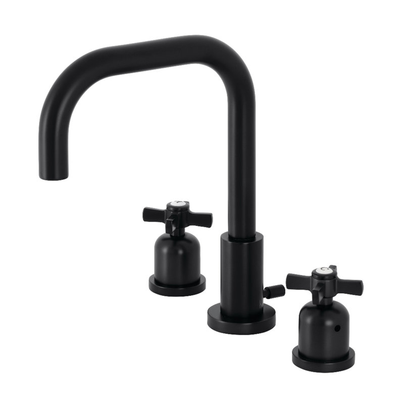 Kingston Brass Millennium Two-Handle 3-Hole Deck Mount Widespread Bathroom Faucet with Brass Pop-Up Drain, Matte Black