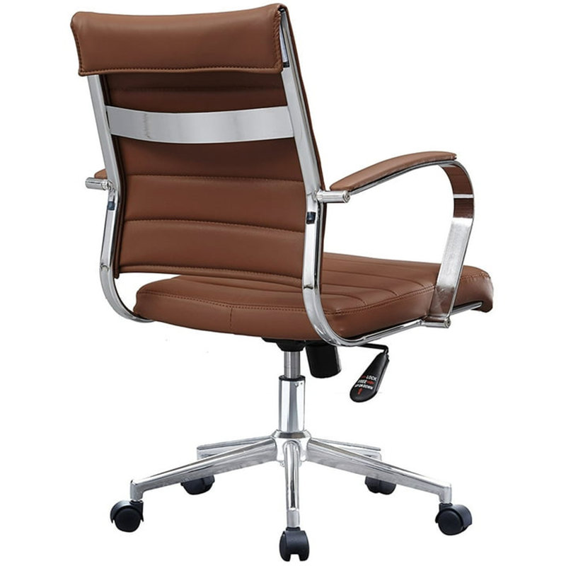 Mid Century Modern Farmhouse Ergonomic Mid-Back Ribbed PU Leather Executive Office Desk Chair with Padded Arms, Swivel Tilt, Comfortable for Home Office & Conference Room, Brown