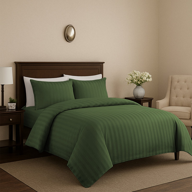 Microfiber Striped Duvet Cover Set with Pillowcases, Olive Green, 4, Kingsize Duvet Cover + 3 Additional Pieces