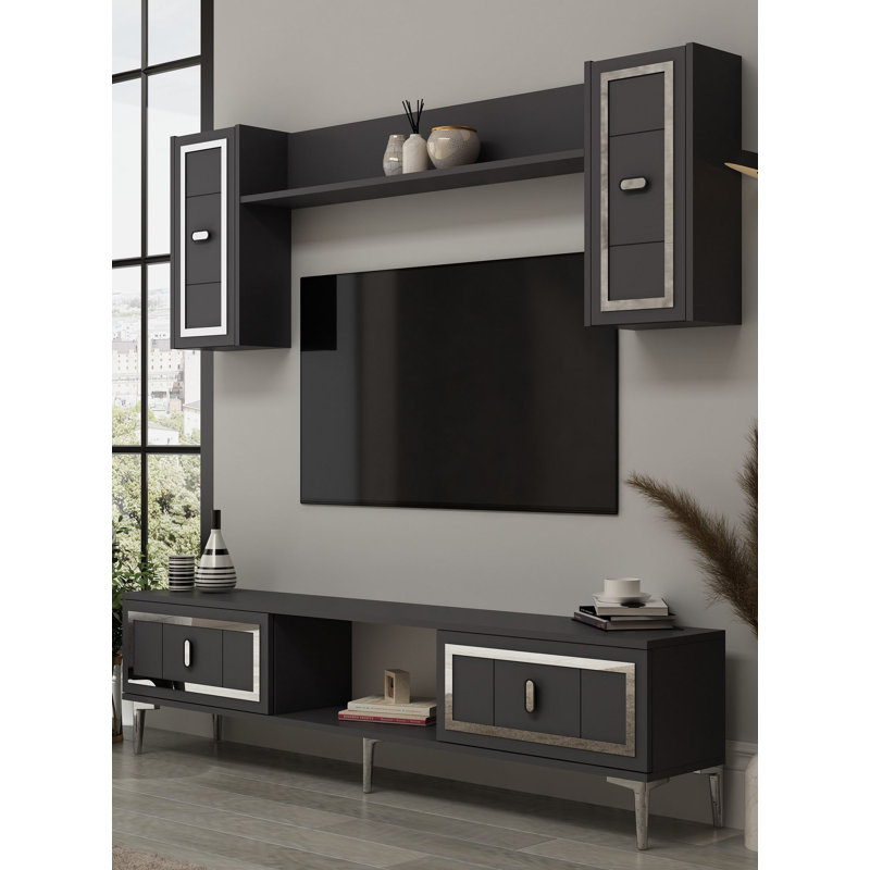 Meuble télé moderne avec tablette murale, 59,1 po x 17,6 po x 11,6 po | 100% panneau de particules enduit de mélamine, 0,7 po d'épaisseur | Comprend de nombreuses tablettes, une conception murale, élégante et fonctionnelle