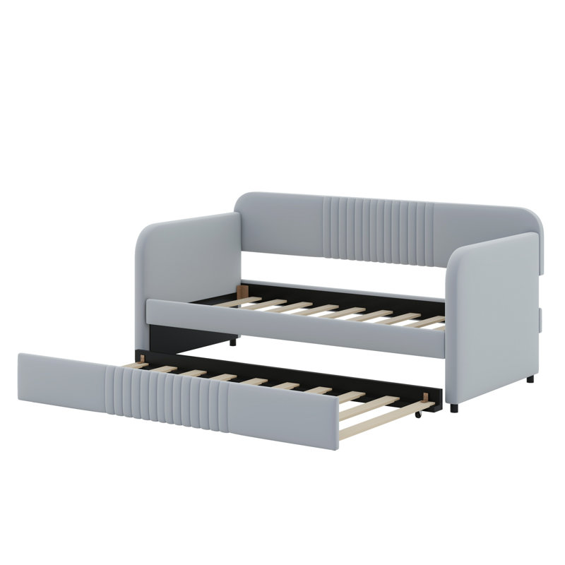 Upholstered Daybed With Trundle Bed And Wood Slat, Gray