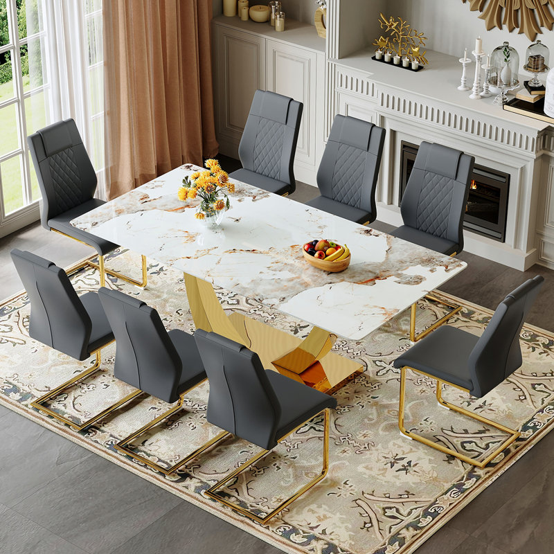 71" Modern Dining Table Set With PU Leather Chairs, Rectangular Table With Gold Metal Base For Dining Room Or Kitchen, Gray