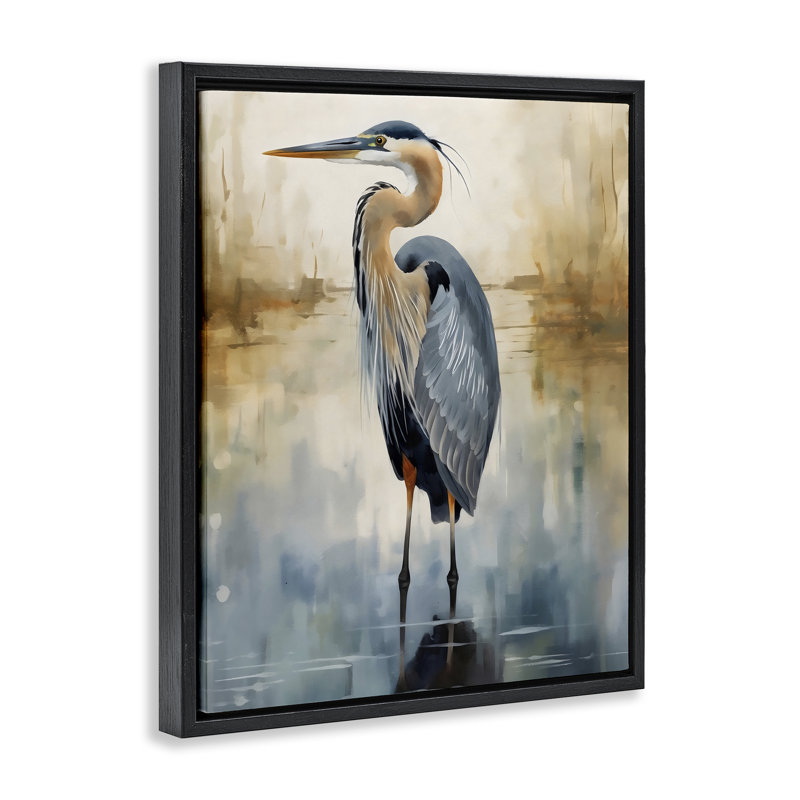 Héron paisible sur cadre flottant abstrait, design par LSR Design Studio, Cadre flottant noir de jais, H 21 po x l 17 po