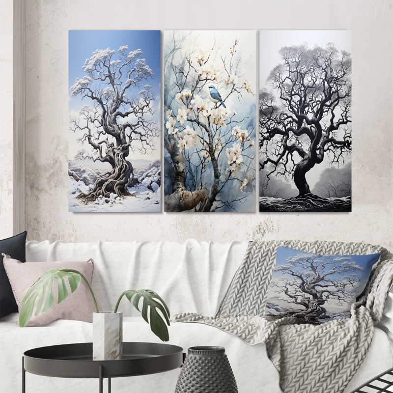 «White Tree Harmony Landscape», 3 pièces sur toile, Cadre noir, H 28 po x l 36 po