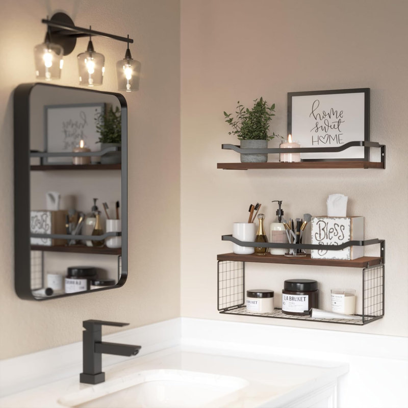 Floating Shelves With Wire Storage Basket, Bathroom Shelves Over Toilet With Protective Metal Guardrail, Wood Wall Shelves For Bathroom, Bedroom, Living Room, Toilet Paper- Dark Brown