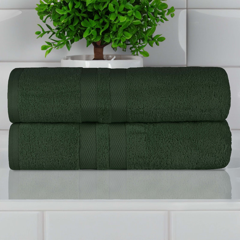 Ultra-Soft Cotton Solid Double Line Dobby Border Medium Weight Quick-Dry Bath Towel, Forest Green
