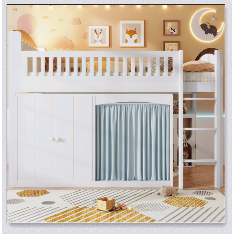 Loft Bed With Storage Cabinet, Wardrobe And LED And Espresso, Lit double, Blanc