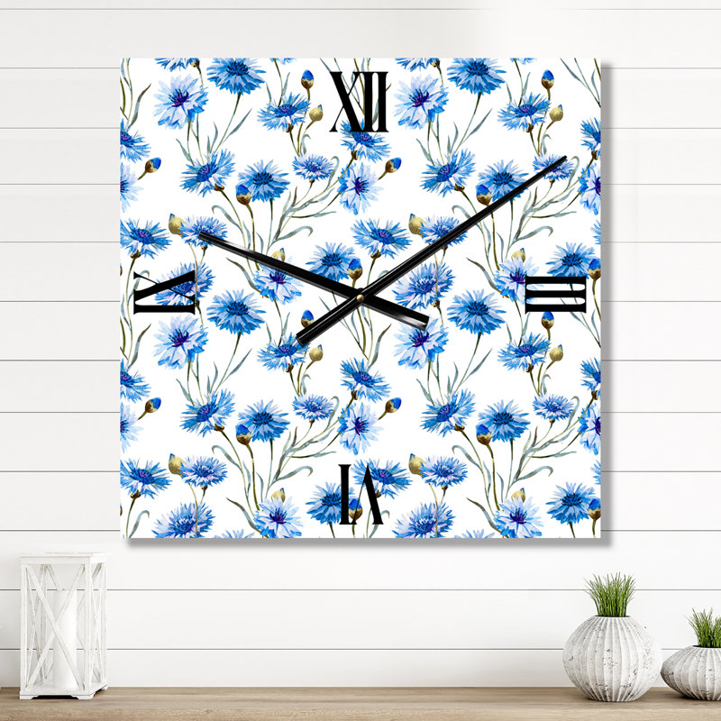 Bleu bleuet avec feuilles vertes II - Horloge murale traditionnelle, Très grand