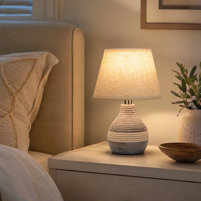 Small Ceramic Cordless Table Lamp with Timer, Dimmer, Linen Shade, Remote Control, Rechargeable Battery Light for Patio Nightstand Kitchen Counter Living Room Side Table, Bulb Included