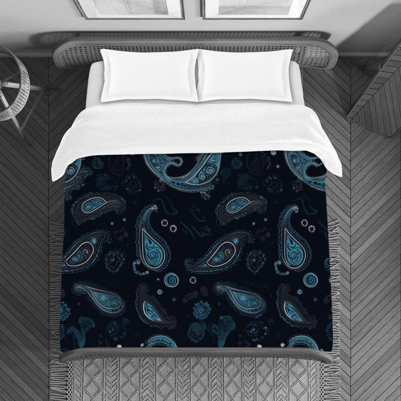 Machine Printed Duvet Cover, Twin Duvet Cover, Black/Blue Paisley