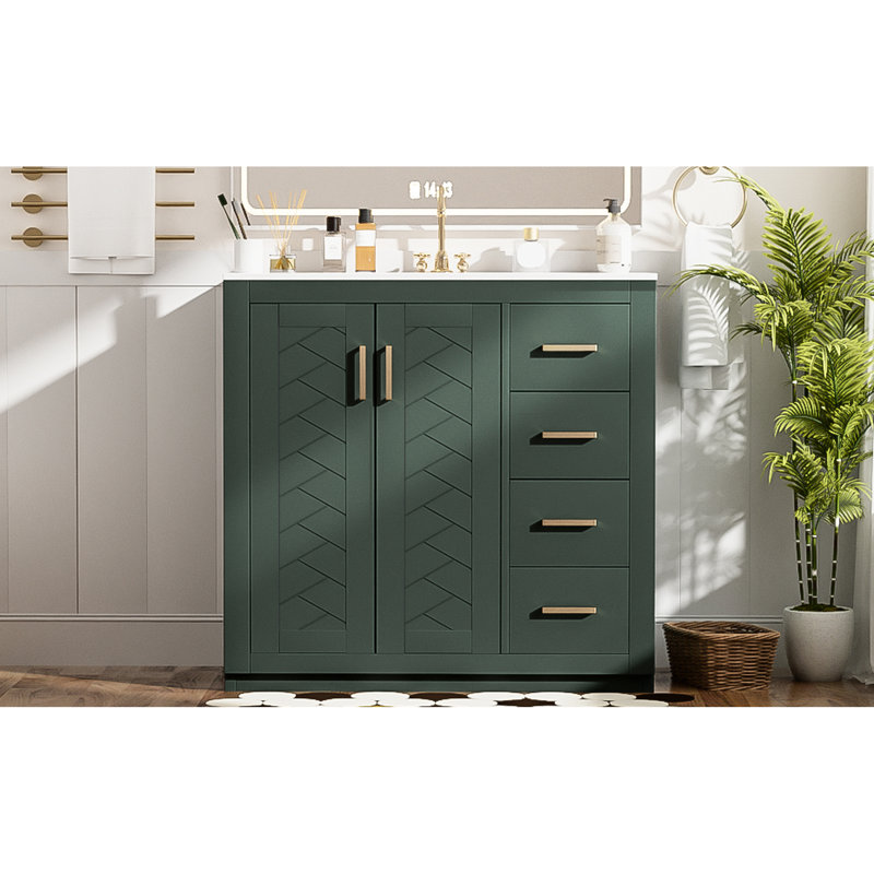 Rangement de salle de bain de 36 pouces avec lavabo en céramique, mouvement de tiroir en douceur, armoire multifonctionnelle, structure en bois massif d'armoire rétro, amplement pour les articles de toilette, quincaillerie à fermeture en douceur, apparence unique