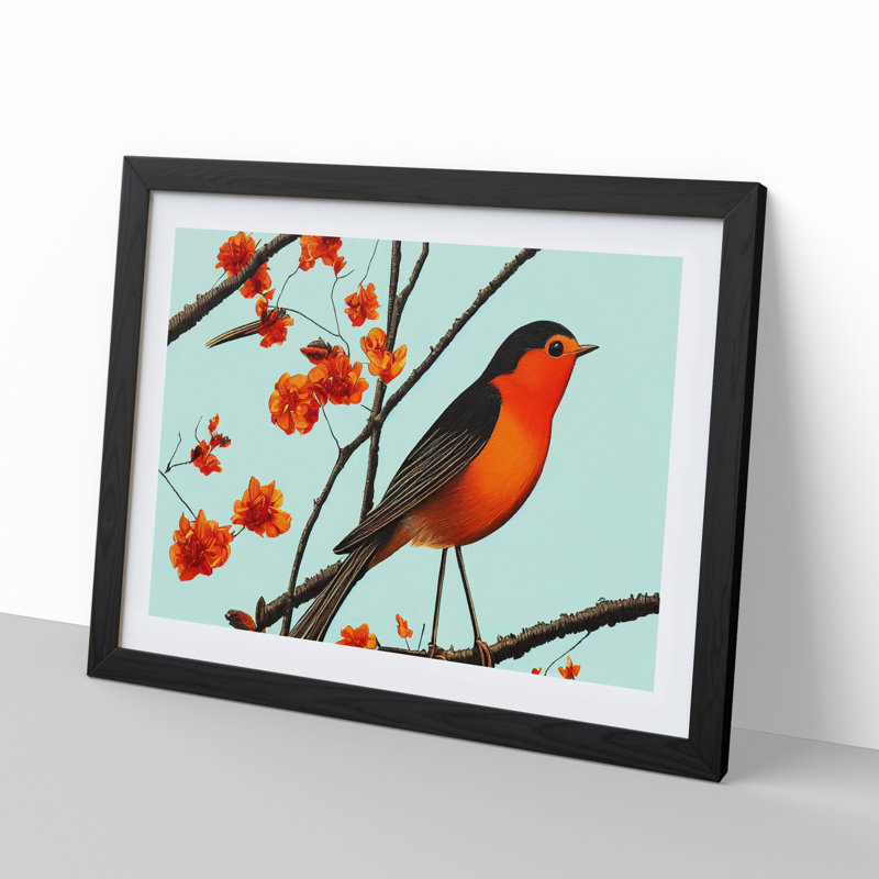 Art Deco Robin Bird - Single Picture Frame Print, Black, 46cm H x 64cm W