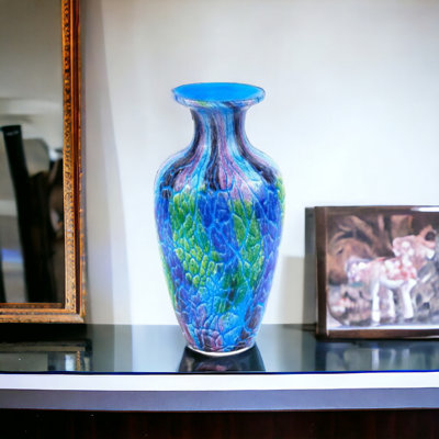 Vase de table rond en verre bleu et vert 10 "