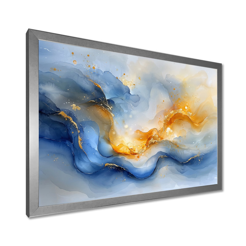 «Blue Yellow Dream Lines V - Abstract collages», art mural, H 34 po x l 44 po, Avec cadre, Argent argent