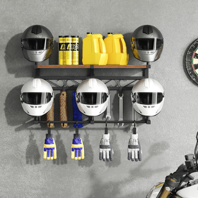 Motorcycle Helmet Rack Wall Mount, Storage Display Rack With 4 Glove Clamps And 6 Hooks