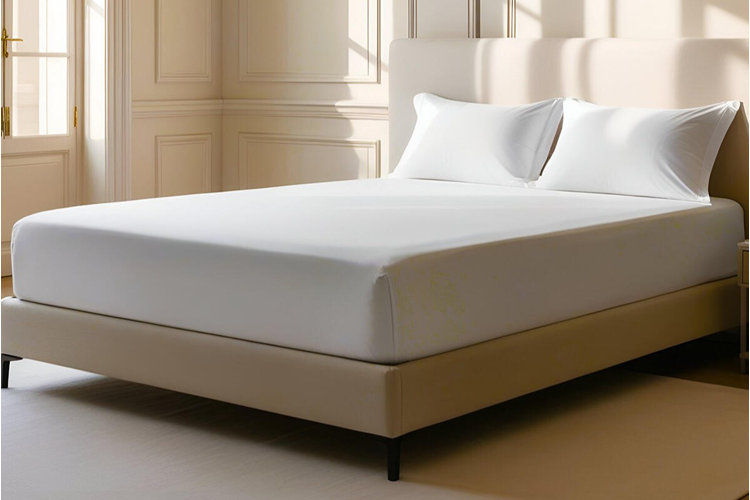 bed with a white fitted sheet smoothly covering a mattress on a beige upholstered frame
