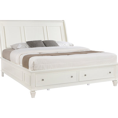 Cream White Eastern King Bed With Panel Headboard And Integrated Storage Drawers, Made Of Rubberwood Two Drawers In , White, Headboard, Wood Build