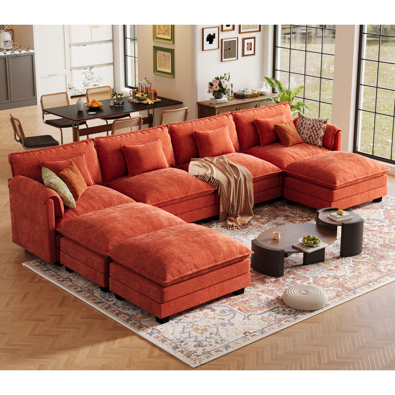 Amabilia 7-Piece 153'' U-Shaped Comfy Cloud Modular Sectional Sofa With Deep Seat, 4-Seat Sofa With Removable Ottomans-Chenille Fabric-Orange