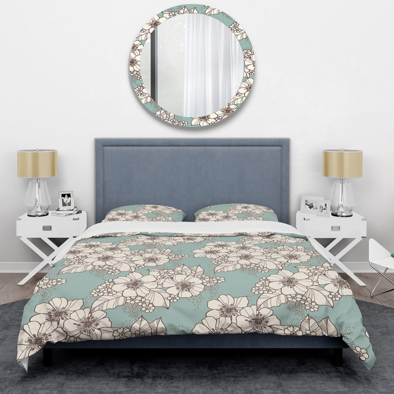 White/Green Microfiber Duvet Cover Set, Queen Duvet Cover + 2 Standard Shams