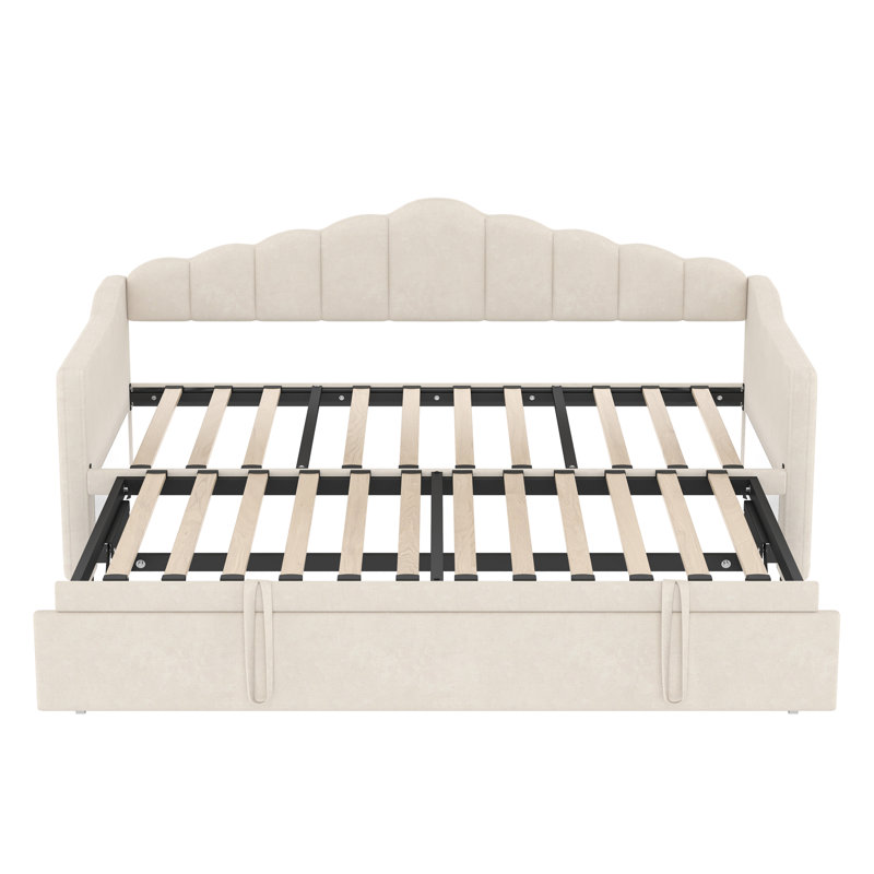 Velvet Upholstered Tufted Twin Daybed with Twin Pop-Up Trundle and Charing Ports, Beige