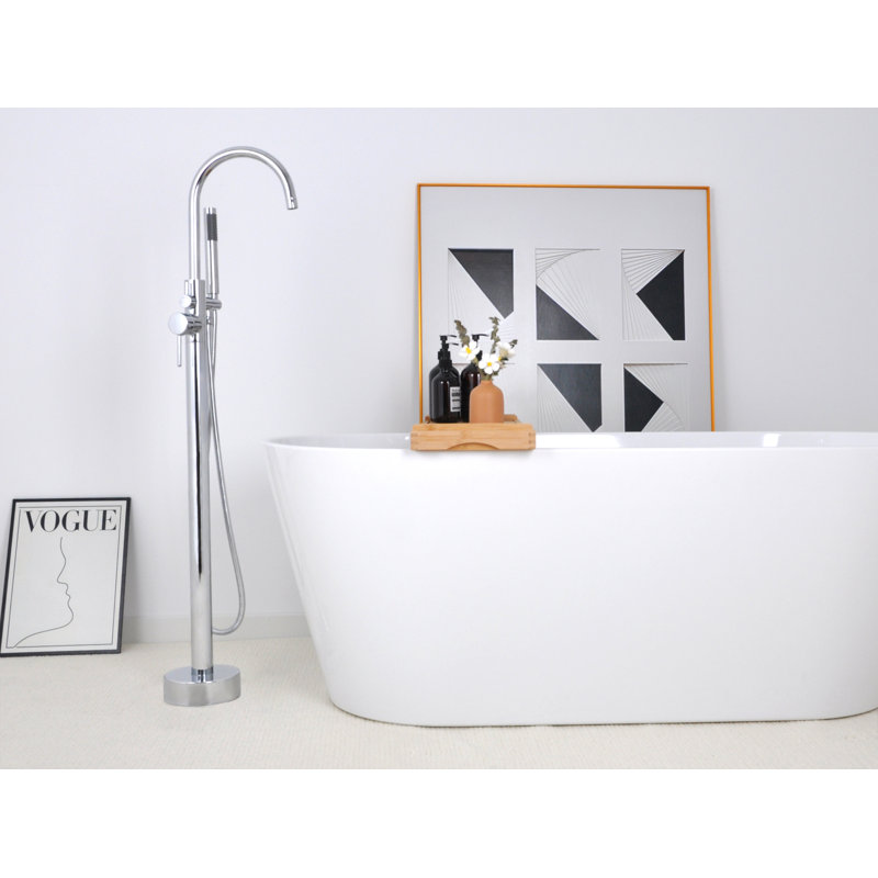 Cozyblock Floor Mount Bathtub Faucet Freestanding Tub Filler Standing High Flow Shower Faucets Shower Mixer Taps, Swivel Gooseneck Spout With Cylinder Handheld (polished Chrome)