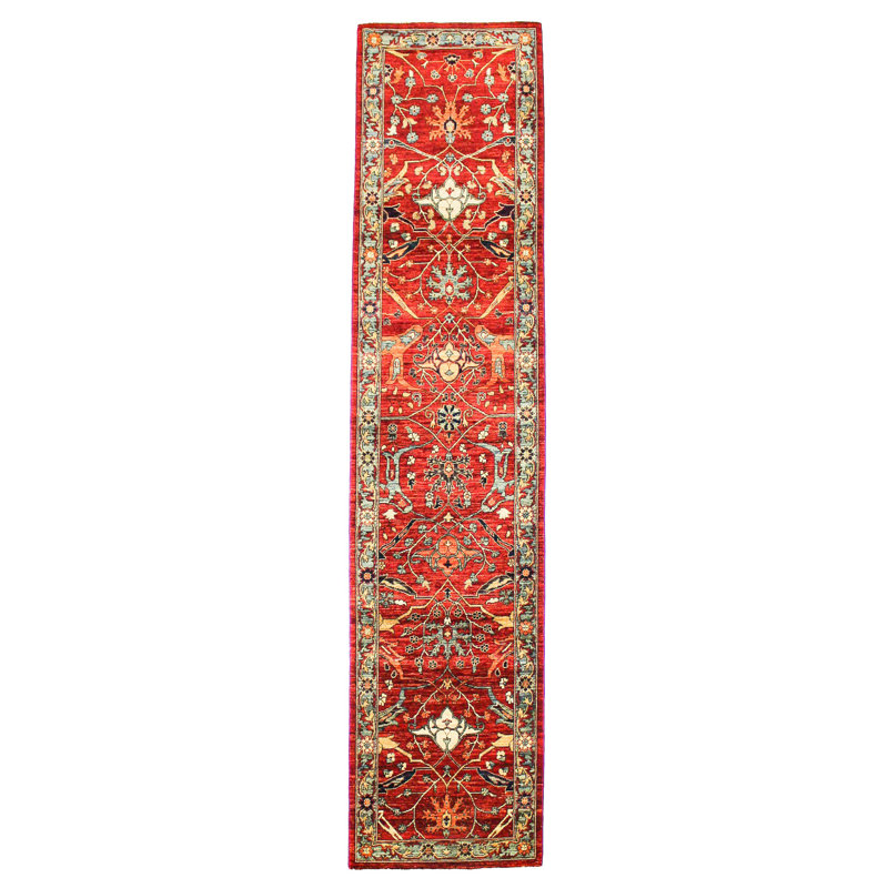 Tapis unique vert clair / rouge de 2 pi 7 po x 11 pi 5 po des années 1950