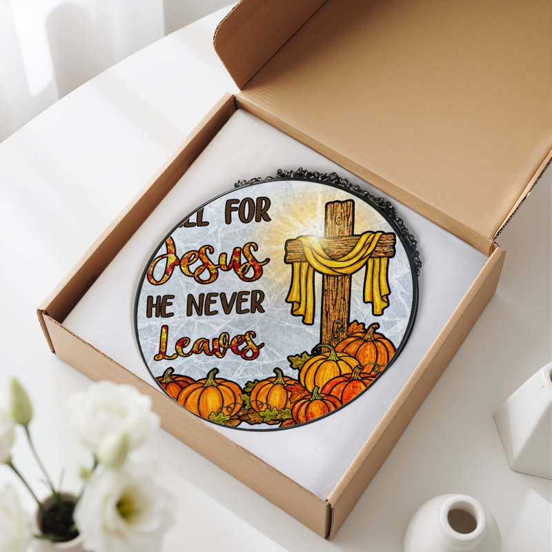7.8"H Fall Cross Stained Glass Window Panel