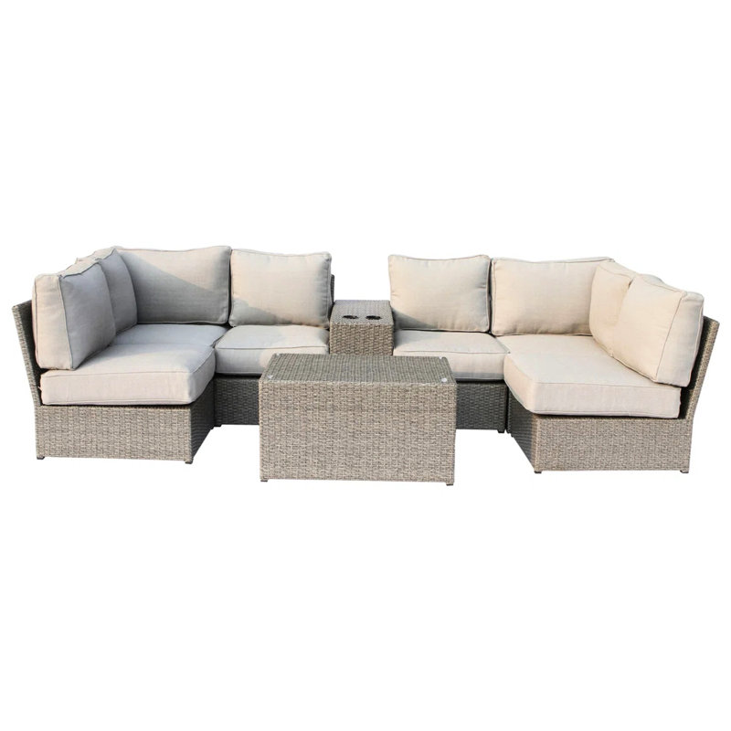 Ensemble de jardin 8 pièces entièrement assemblé pour 4 à 6 personnes, comprenant des modules, une table basse en verre, une table d'appoint avec porte-gobelets, 14 coussins gris pâle, des chaises résistantes aux intempéries et des éléments amovibles.
