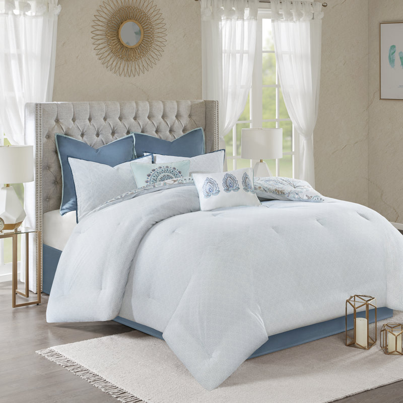 Isla 8 Piece Reversible Cotton Floral Comforter Set, Queen Comforter + 1 Bed Skirt + 2 Shams + 2 Euro S, Blue