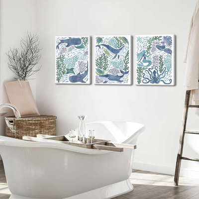 Ocean Nursery Wall Art Set Of 3, Sea Animal Kids Coastal Wall Decor Mermaid Whale Octopus Poster Canvas Painting Prints Artwork For Bedroom Living Room 16X24 Inch Framed