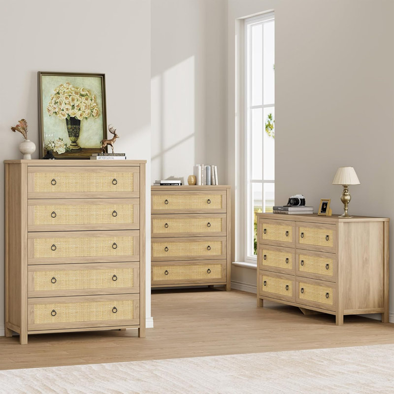 Drawer Tall Dresser, Rattan and Wood Boho Chest of Drawers with Storage for Bedroom, Natural Oak, Natural,5 Drawers