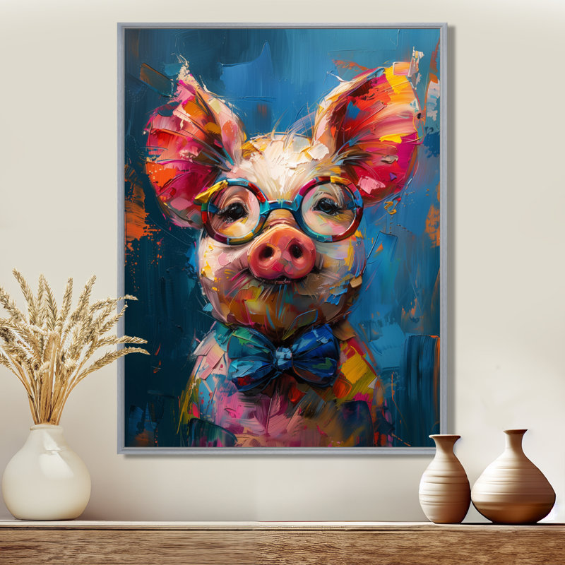 Curieux portrait de cochon bleu et rose, Toile argentée avec cadre flottant, H 20 po x l 12 po x P 1 po