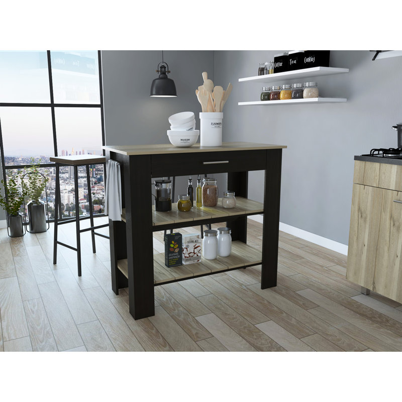 Îlot de cuisine à 1 tiroir et 2 tablettes Rockaway - wengé noir et chêne clair