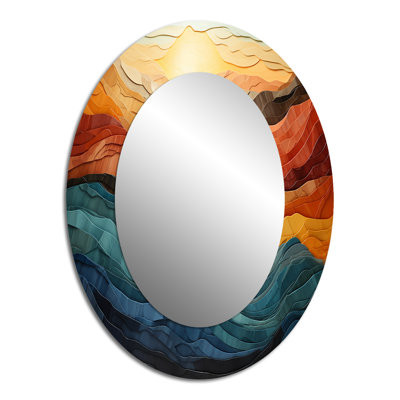 Coral Teal Bold Mountains Landscape - Landscapes Oval Decorative Mirror On Metal